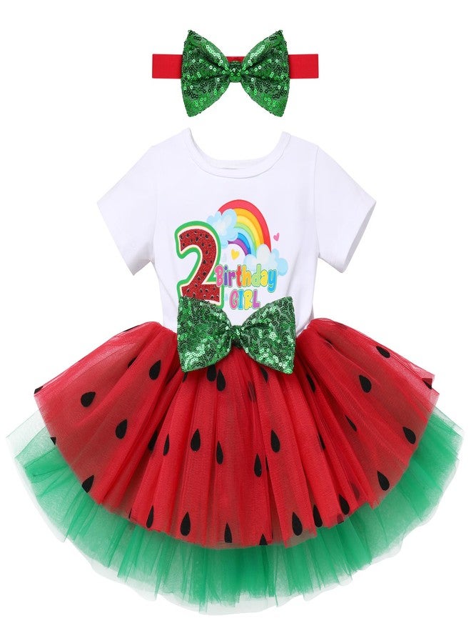 ODIZLI 2nd Birthday Outfit Girl Baby Toddler Short Sleeve Tulle Dress+Headband 3PCS Summer Clothes Melon Watermelon Party Supplies Two Year Old Cake Smash Photography Red 2 Years 2 Years - Image 2