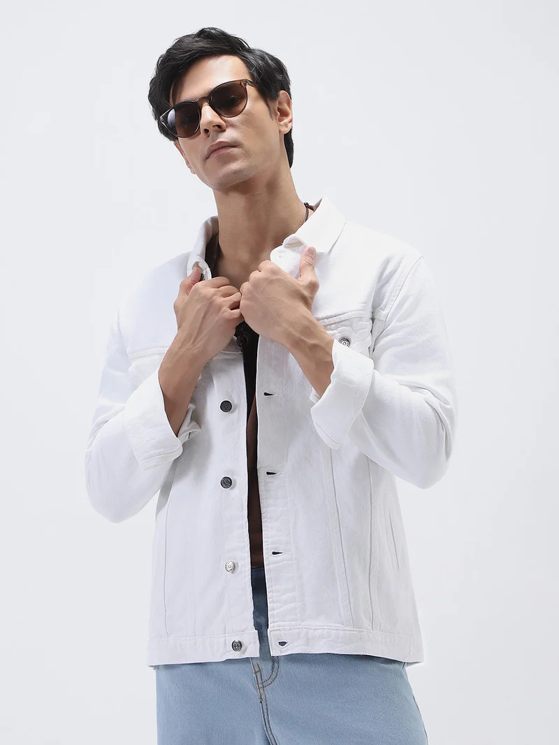 Urbano Fashion  Urbano Fashion Men's White Regular Fit Washed Full Sleeve Denim Jacket  | Best Price UAE