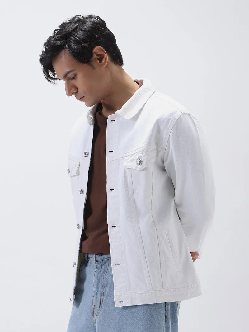 Urbano Fashion  Urbano Fashion Men's White Regular Fit Washed Full Sleeve Denim Jacket  | Best Price UAE