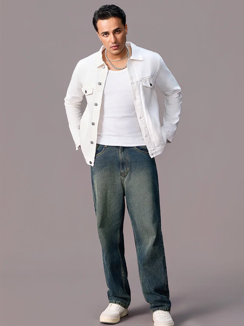 Urbano Fashion Men's White Regular Fit Washed Full Sleeve Denim Jacket