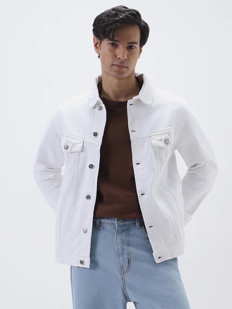 Urbano Fashion  Urbano Fashion Men's White Regular Fit Washed Full Sleeve Denim Jacket  | Best Price UAE