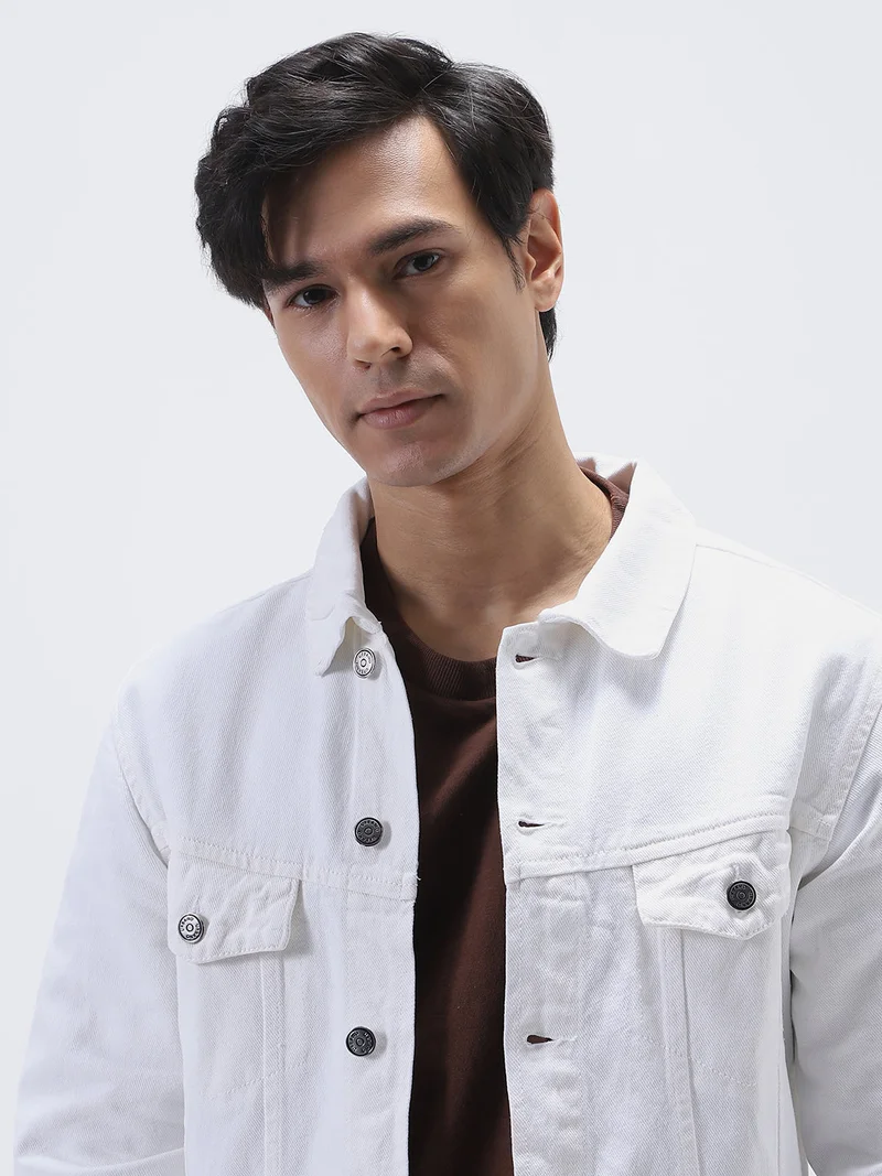 Urbano Fashion  Urbano Fashion Men's White Regular Fit Washed Full Sleeve Denim Jacket  | Best Price UAE