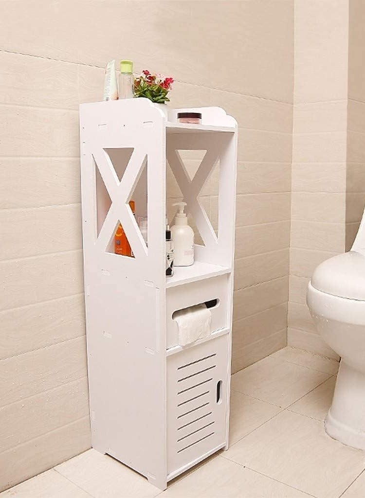 TPGP Small Bathroom Storage Corner Floor Cabinet with Doors and Shelves, Thin Toilet Vanity Cabinet, Narrow Bath Sink Organizer, Towel Storage Shelf for Paper Holder, White - Image 4