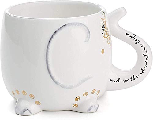 VOTUM Elephant Ceramic Coffee or Tea Mug - Animal Shaped Cup with Hand Printed Designs Saying “And So the Adventure Begins” - Cute Handmade Gift for Men or Women Elephant Lovers – 18.6 Fluid Ounce - Image 1