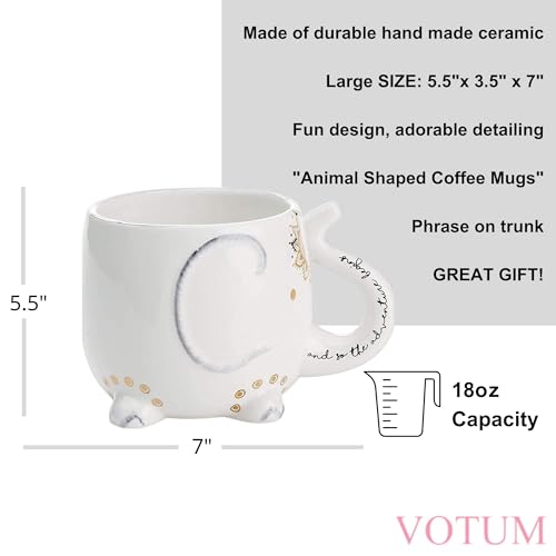 VOTUM Elephant Ceramic Coffee or Tea Mug - Animal Shaped Cup with Hand Printed Designs Saying “And So the Adventure Begins” - Cute Handmade Gift for Men or Women Elephant Lovers – 18.6 Fluid Ounce - Image 2