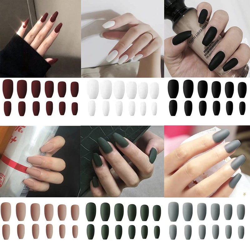 6 Packs 144 Pcs Matte Coffin Press on Nails Medium Length Acrylic Short False Nails Full Cover Set Artificial Nails Fake Solid Color with Glue Nail File for Women
