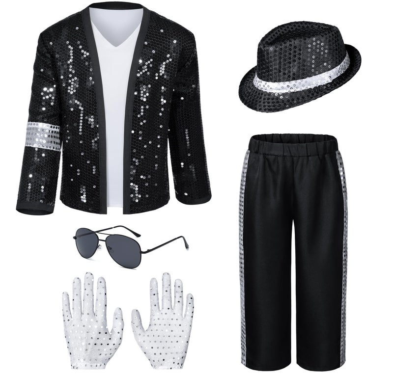 Dance Star Kids Costume for Boys 80s 90s Pop Stage Cosplay Party Halloween Role Play Black 35T