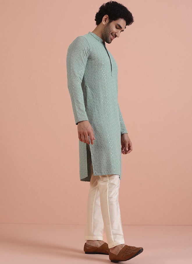 KISAH Men Ethnic Motifs Embroidered Thread Work Kurta - Image 4