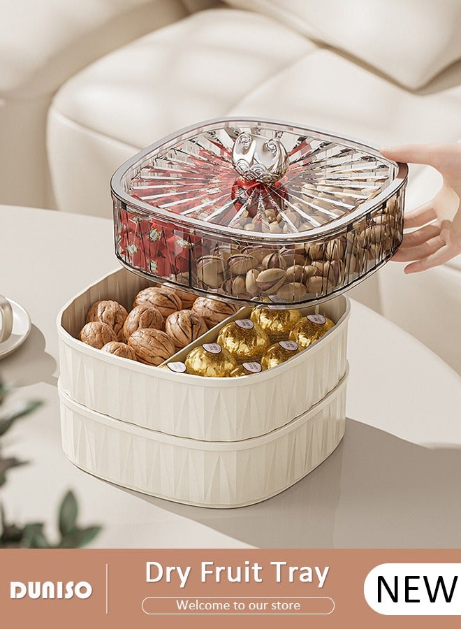 DUNISO Snack Serving Tray with Lid, 3-Tier Dry Fruit Tray, Divided Serving Tray for Dried Nut Candy Snack, Food Display Bowl, Stackable Candy Tray Storage Box, Food Storage Platter Container for Home Party Hotel - Image 1
