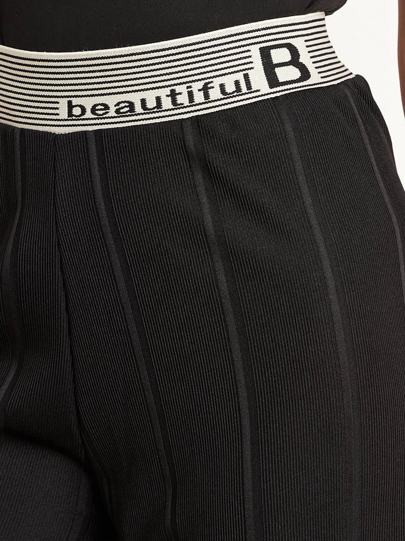 Styli Ribbed Wide Leg Pants with Beautiful Slogan Waistband