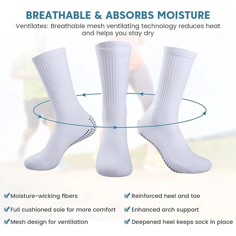 TANSTC Socks Men Women Grip Socks Soccer Anti Slip, Socks for Women Pilates Yoga Non Slip, Football Basketball Running Sports Unisex Socks for Teens, Thick Cotton Socks, 3 Pair, Unisize, White, - Image 2