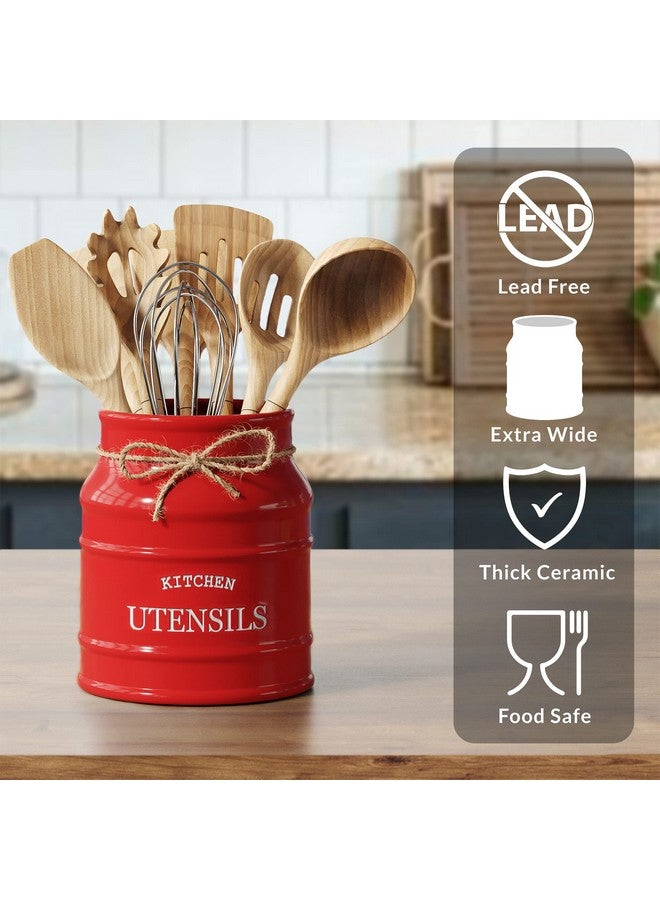 BARNYARD DESIGNS Barnyard Designs Ceramic Farmhouse Utensil Holder for Kitchen Counter, Large Rustic Utensil Crock, Countertop Cooking Tool Spatula Organizer, 6.75” (Red)  - Image 3