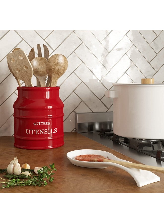 BARNYARD DESIGNS Barnyard Designs Ceramic Farmhouse Utensil Holder for Kitchen Counter, Large Rustic Utensil Crock, Countertop Cooking Tool Spatula Organizer, 6.75” (Red)  - Image 4