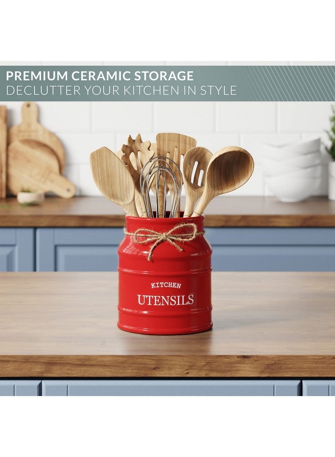BARNYARD DESIGNS Barnyard Designs Ceramic Farmhouse Utensil Holder for Kitchen Counter, Large Rustic Utensil Crock, Countertop Cooking Tool Spatula Organizer, 6.75” (Red)  - Image 5