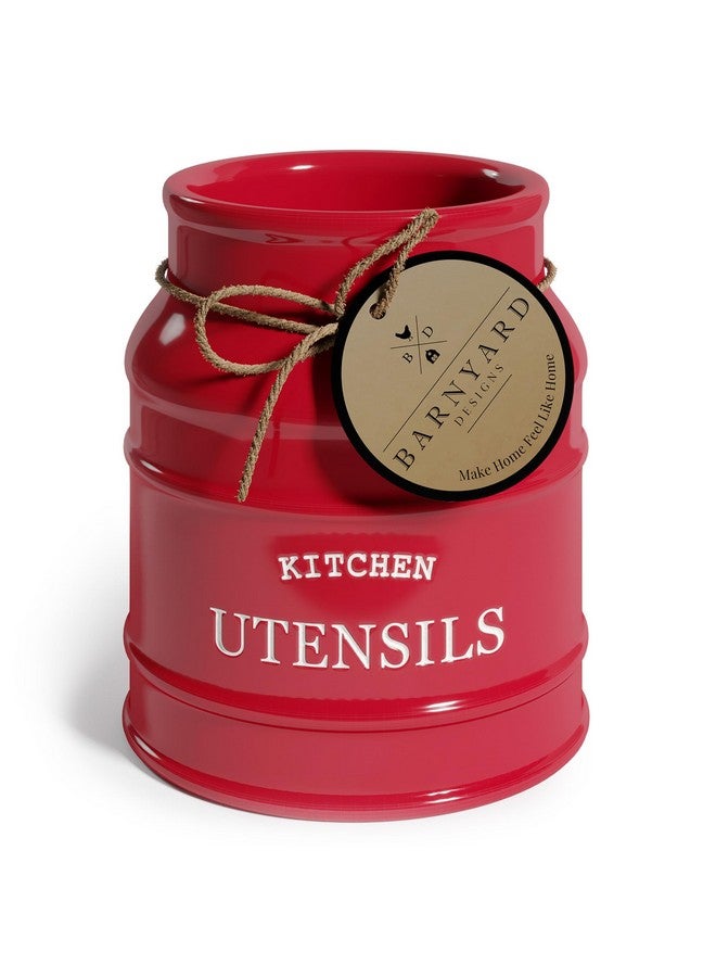 BARNYARD DESIGNS Barnyard Designs Ceramic Farmhouse Utensil Holder for Kitchen Counter, Large Rustic Utensil Crock, Countertop Cooking Tool Spatula Organizer, 6.75” (Red)  - Image 1