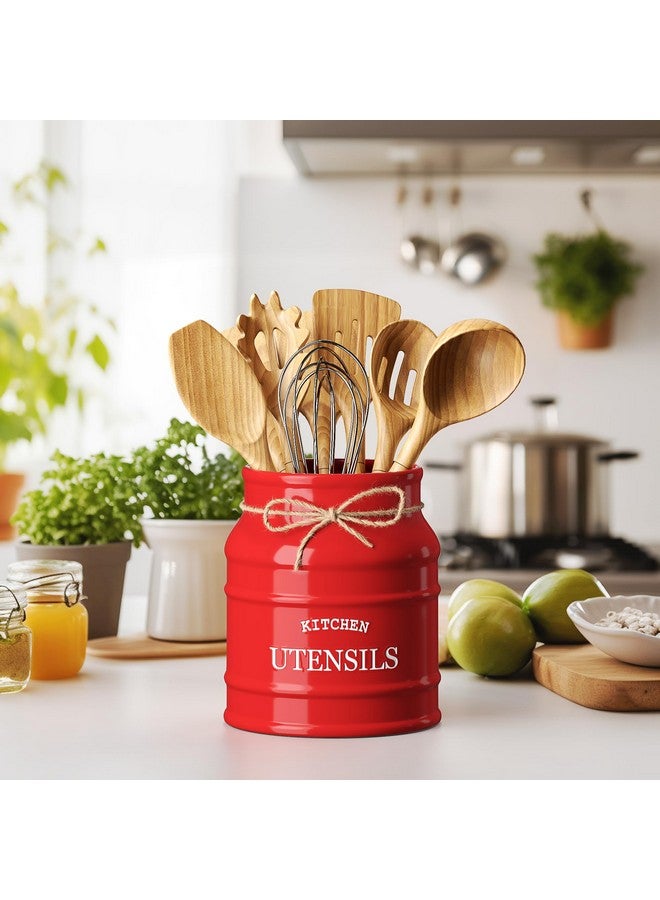 BARNYARD DESIGNS Barnyard Designs Ceramic Farmhouse Utensil Holder for Kitchen Counter, Large Rustic Utensil Crock, Countertop Cooking Tool Spatula Organizer, 6.75” (Red)  - Image 2