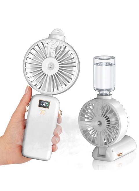 Portable Handheld Misting Fan, USB Rechargeable, 5000mAh Battery, 5 Speed Settings, Ideal for Home and Travel, Compact and Foldable, White