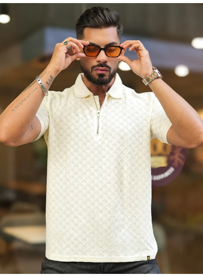 Maniac  Maniac Mens kite textured polo neck half sleeve half white cotton slim fit t-shirt for Men | Best Price UAE