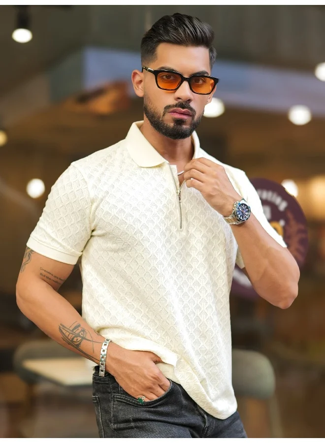Maniac  Maniac Mens kite textured polo neck half sleeve half white cotton slim fit t-shirt for Men | Best Price UAE