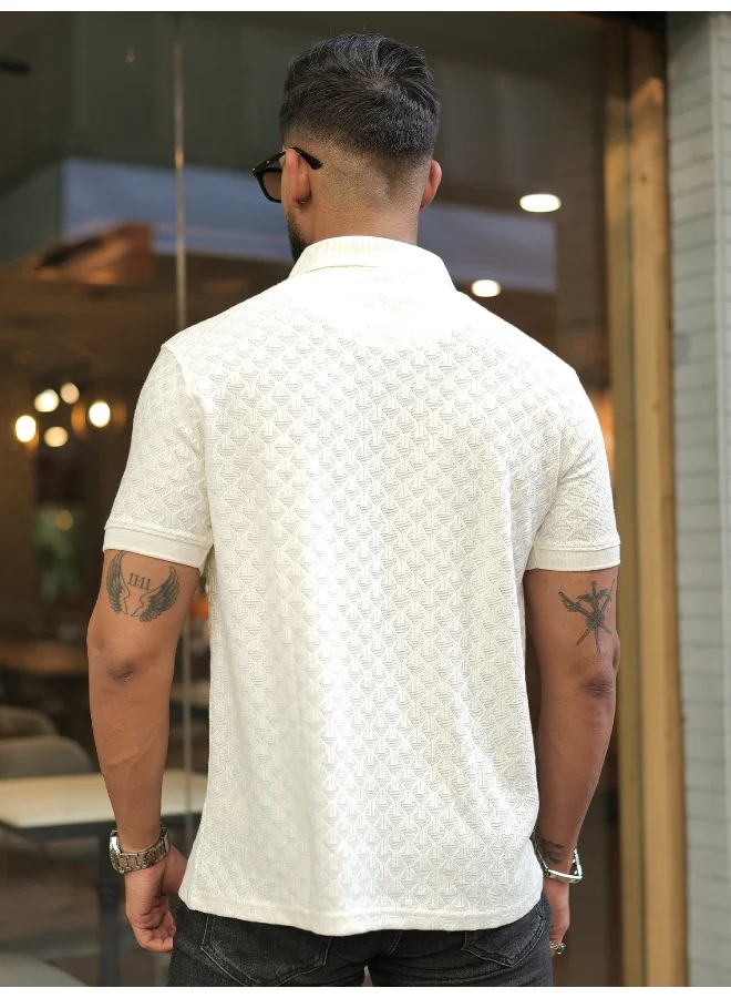 Maniac  Maniac Mens kite textured polo neck half sleeve half white cotton slim fit t-shirt for Men | Best Price UAE