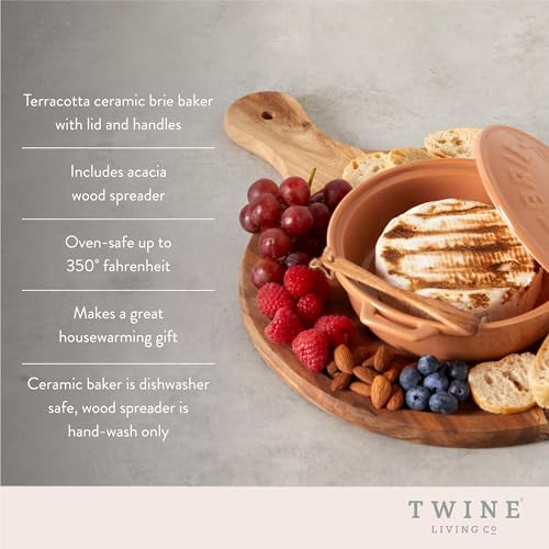 Twine Ceramic Brie Baker with Wood Spreader Brie Baking Tools with Lid Bakeware Sets Terra Cotta Ceramic Kitchen Set of 1 - Image 3