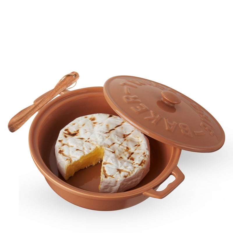 Twine Ceramic Brie Baker with Wood Spreader Brie Baking Tools with Lid Bakeware Sets Terra Cotta Ceramic Kitchen Set of 1 - Image 2