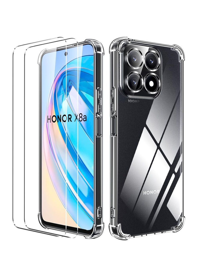 BORTONY Honor X8a Case with Dual Tempered Glass Screen Protector Clear Soft TPU with Air Cushion Shockproof Bumper Protective Cover Compatible with Huawei Honor X8a - Image 1