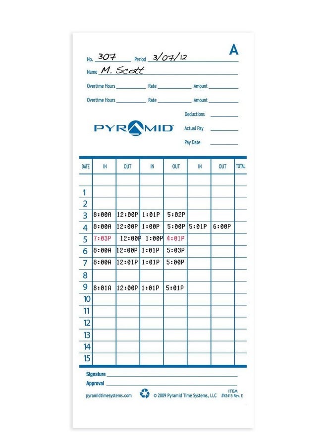 Pyramid Time Systems 42415 Genuine And Authentic Time Cards For 2500 2600 & 2650 Auto Aligning Time Clocks 100/Pk Teal/Orange  - Image 5