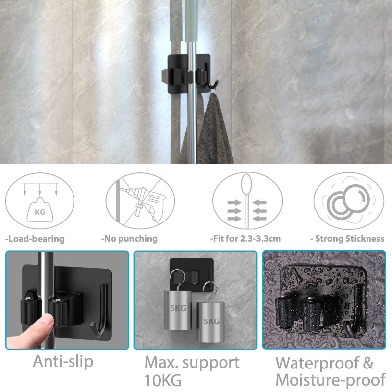 homeasy Mop Broom Holder No Drill, Mop Broom Organizer Wall Mounted Heavy Duty with Hooks Hanger, Self Adhesive Stainless Steel 4Pcs for Bathroom, Kitchen, Office (Multicolor) - Image 2