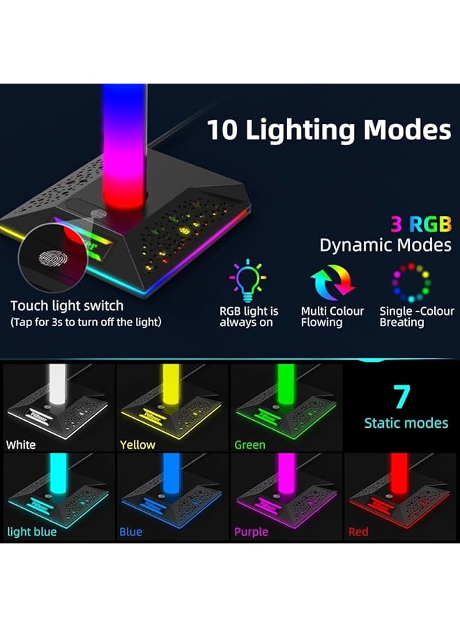 دي إم جي تك حامل سماعة رأس لوحدة تحكم الألعاب RGB مع 2 منفذ شحن USB وحامل وحدة تحكم من النوع C مع 10 أوضاع إضاءة وميزة الذاكرة، ملحقات حامل سماعة رأس عالمي للاعبي المكتب - Image 2