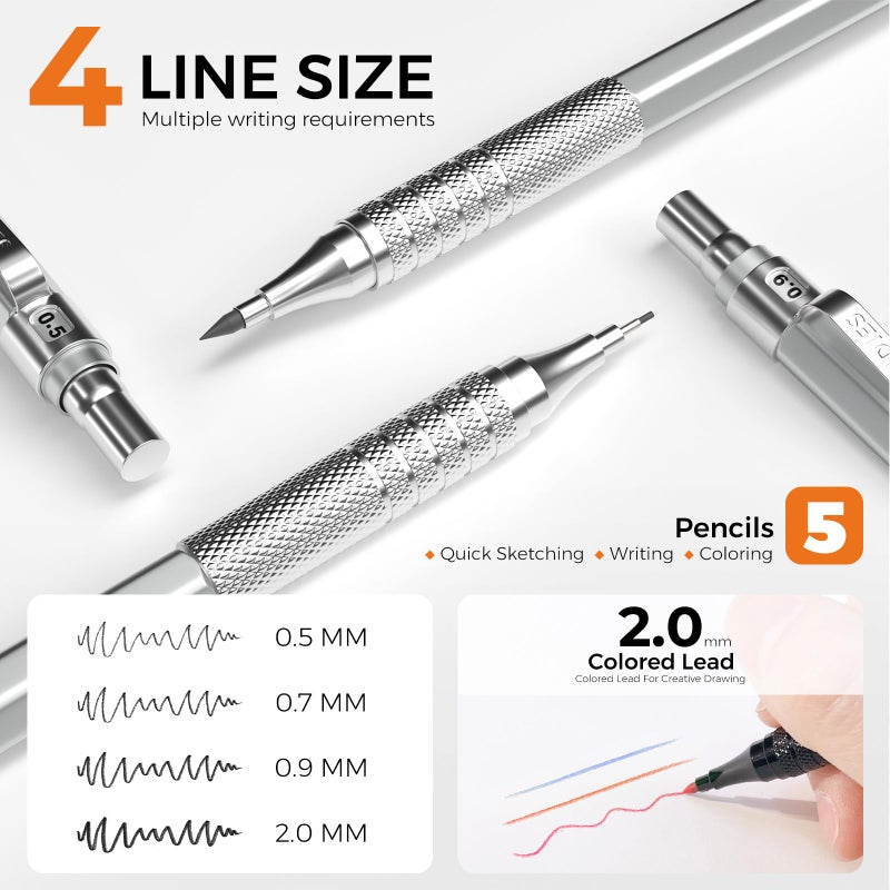 Four Candies Metal Mechanical Pencil Set, 3PCS Art Drafting Pencils 0.5, 0.7, 0.9MM & 2PCS 2MM Mechanical Drawing Pencils with 420PCS Leads (4B 2B HB 2H Color) for Writing Sketching Drawing (Silver) - Image 2