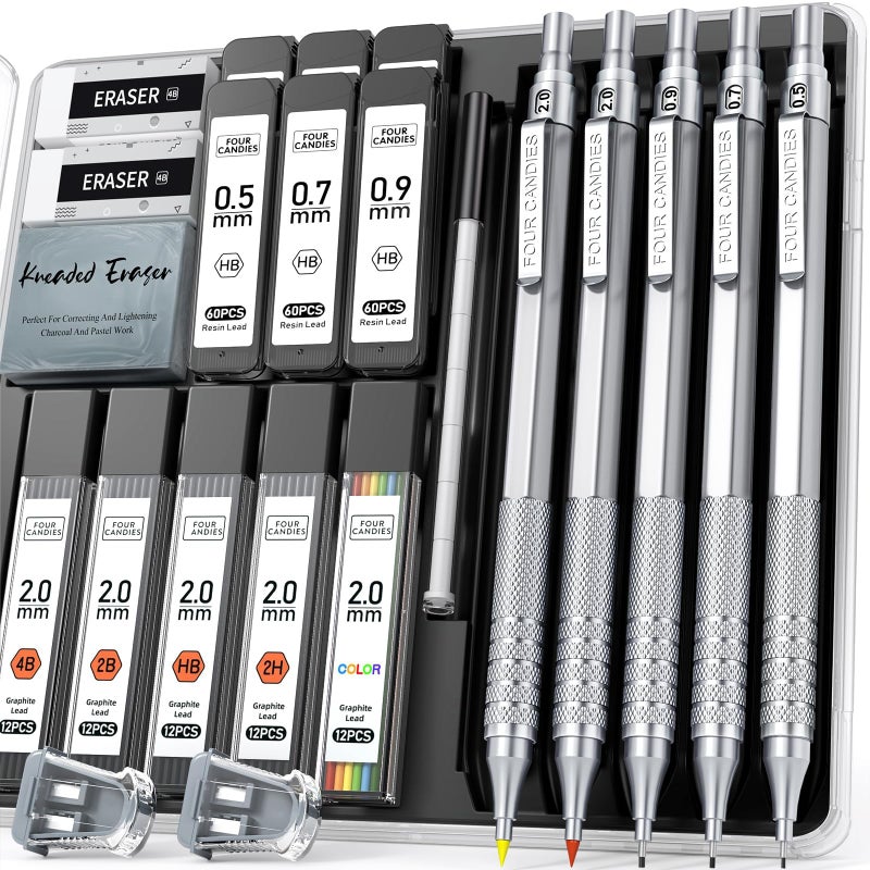 Four Candies Metal Mechanical Pencil Set, 3PCS Art Drafting Pencils 0.5, 0.7, 0.9MM & 2PCS 2MM Mechanical Drawing Pencils with 420PCS Leads (4B 2B HB 2H Color) for Writing Sketching Drawing (Silver) - Image 1