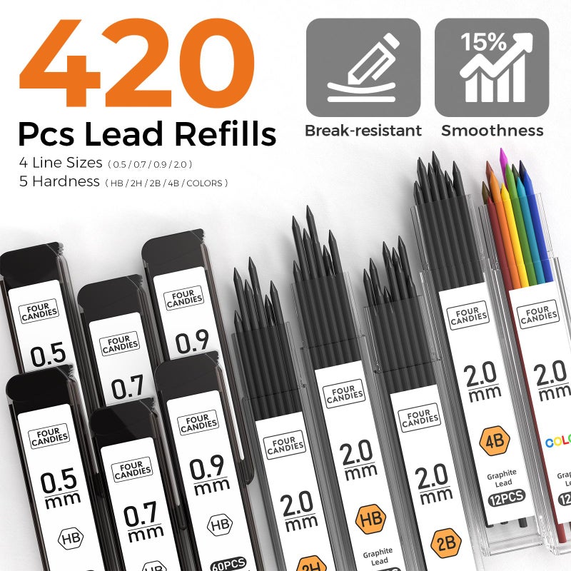 Four Candies Metal Mechanical Pencil Set, 3PCS Art Drafting Pencils 0.5, 0.7, 0.9MM & 2PCS 2MM Mechanical Drawing Pencils with 420PCS Leads (4B 2B HB 2H Color) for Writing Sketching Drawing (Silver) - Image 4