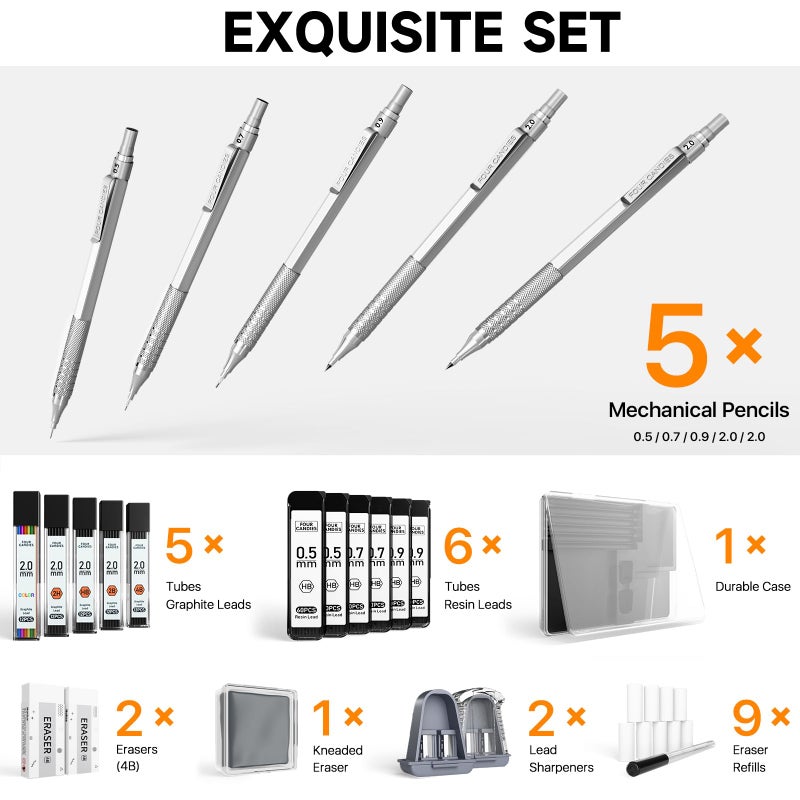 Four Candies Metal Mechanical Pencil Set, 3PCS Art Drafting Pencils 0.5, 0.7, 0.9MM & 2PCS 2MM Mechanical Drawing Pencils with 420PCS Leads (4B 2B HB 2H Color) for Writing Sketching Drawing (Silver) - Image 5