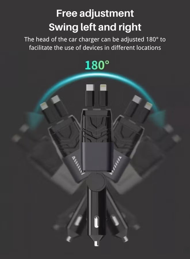 كيو زد شاحن سيارة سريع ١٢ فولت/٢٤ فولت مع كابل قابل للسحب - كابل شحن مزدوج USB-C PD قابل للسحب، محول طاقة سريع للسيارة PD٢٠ واط لأجهزة iPhone Type C، شاحن سيارة بلوتوث USB بقوة ٤٠ واط، متوافق مع أجهزة iPhone وSamsung وGalaxy وHuawei وXiaomi | شحن سريع ٤ في ١ من النوع C - أسود ميكا - Image 5