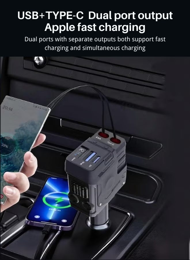 كيو زد شاحن سيارة سريع ١٢ فولت/٢٤ فولت مع كابل قابل للسحب - كابل شحن مزدوج USB-C PD قابل للسحب، محول طاقة سريع للسيارة PD٢٠ واط لأجهزة iPhone Type C، شاحن سيارة بلوتوث USB بقوة ٤٠ واط، متوافق مع أجهزة iPhone وSamsung وGalaxy وHuawei وXiaomi | شحن سريع ٤ في ١ من النوع C - أسود ميكا - Image 4