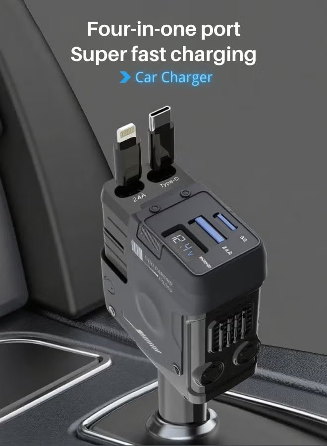 كيو زد شاحن سيارة سريع ١٢ فولت/٢٤ فولت مع كابل قابل للسحب - كابل شحن مزدوج USB-C PD قابل للسحب، محول طاقة سريع للسيارة PD٢٠ واط لأجهزة iPhone Type C، شاحن سيارة بلوتوث USB بقوة ٤٠ واط، متوافق مع أجهزة iPhone وSamsung وGalaxy وHuawei وXiaomi | شحن سريع ٤ في ١ من النوع C - أسود ميكا - Image 2