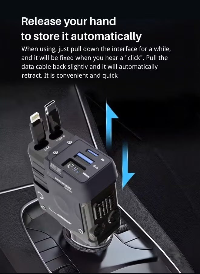 كيو زد شاحن سيارة سريع ١٢ فولت/٢٤ فولت مع كابل قابل للسحب - كابل شحن مزدوج USB-C PD قابل للسحب، محول طاقة سريع للسيارة PD٢٠ واط لأجهزة iPhone Type C، شاحن سيارة بلوتوث USB بقوة ٤٠ واط، متوافق مع أجهزة iPhone وSamsung وGalaxy وHuawei وXiaomi | شحن سريع ٤ في ١ من النوع C - أسود ميكا - Image 3