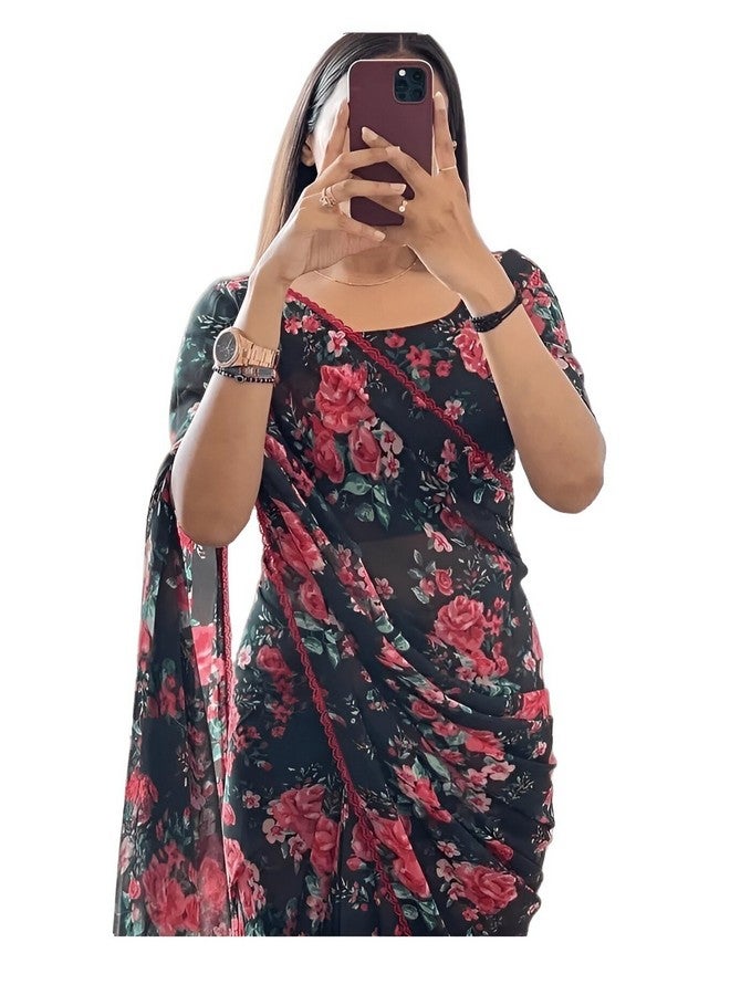 Women's Georgette Floral Print Lace Bordered Ready To Wear One Minute Saree With Print Unstitched Blouse Piece (Floral Black_Black_Free Size) - Image 1