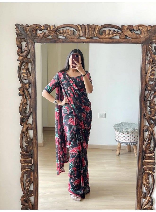 Women's Georgette Floral Print Lace Bordered Ready To Wear One Minute Saree With Print Unstitched Blouse Piece (Floral Black_Black_Free Size) - Image 2
