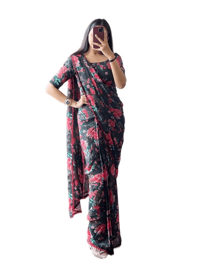 Women's Georgette Floral Print Lace Bordered Ready To Wear One Minute Saree With Print Unstitched Blouse Piece (Floral Black_Black_Free Size) - Image 5