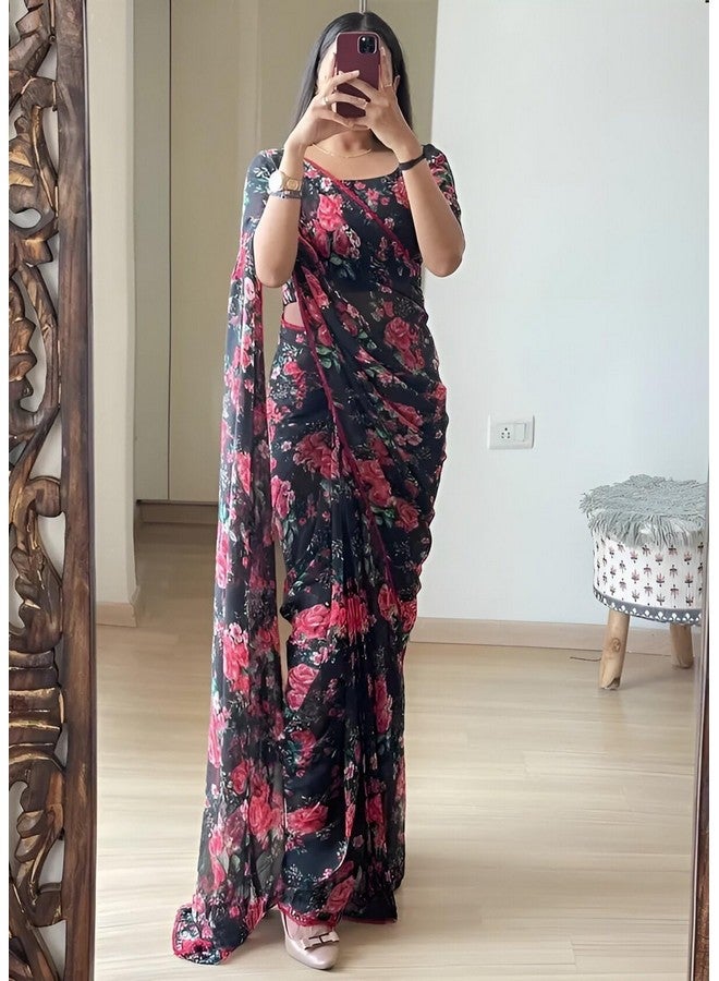 Women's Georgette Floral Print Lace Bordered Ready To Wear One Minute Saree With Print Unstitched Blouse Piece (Floral Black_Black_Free Size) - Image 3