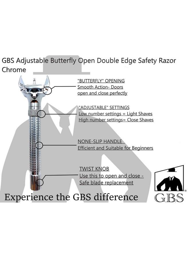 G.B.S Classic Chrome Adjustable Butterfly Open Double Edge Safety Razor For Men’S Clean Smooth Shave With 20 Premium Sharp Blades Gift For Father Husband Boyfriend - Image 3