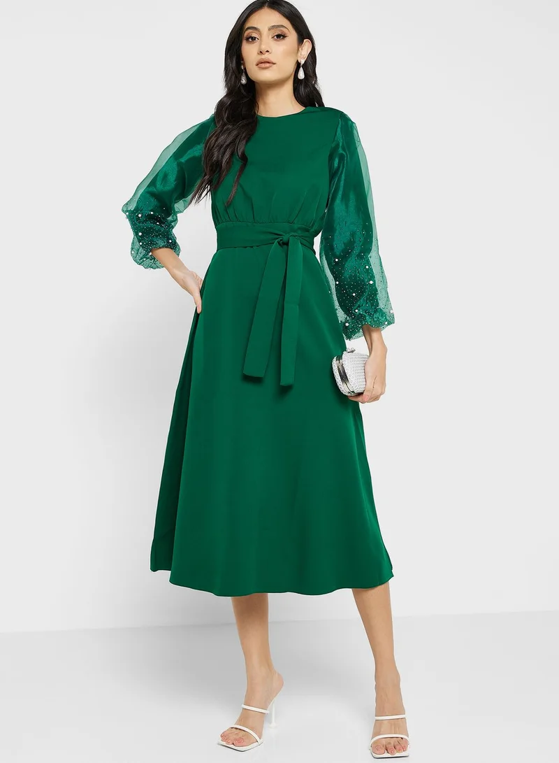 Khizana Embellished Sleeve Belted Dress