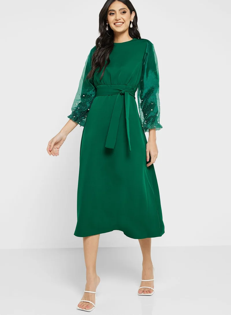 Khizana Embellished Sleeve Belted Dress