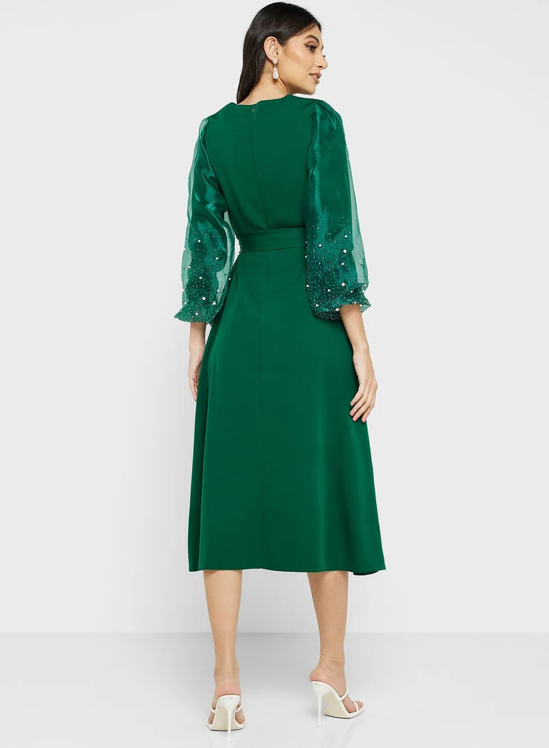 Khizana Embellished Sleeve Belted Dress