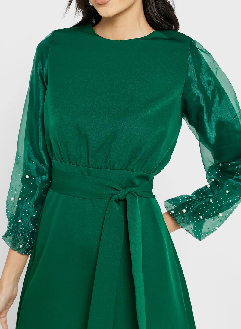 Khizana Embellished Sleeve Belted Dress