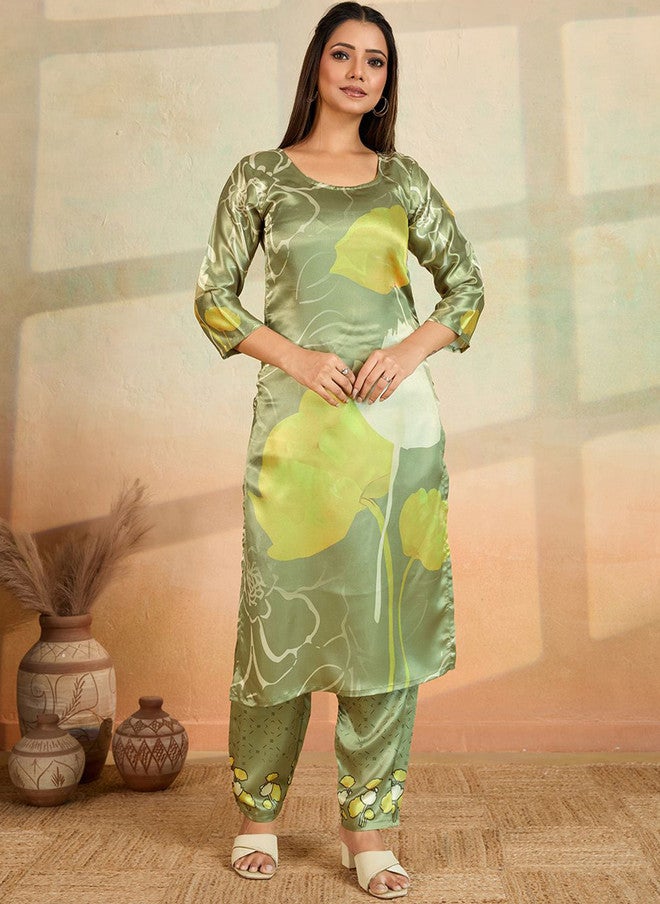 Women Basket Floral Printed Satin Kurta with Trousers for Women - Image 1