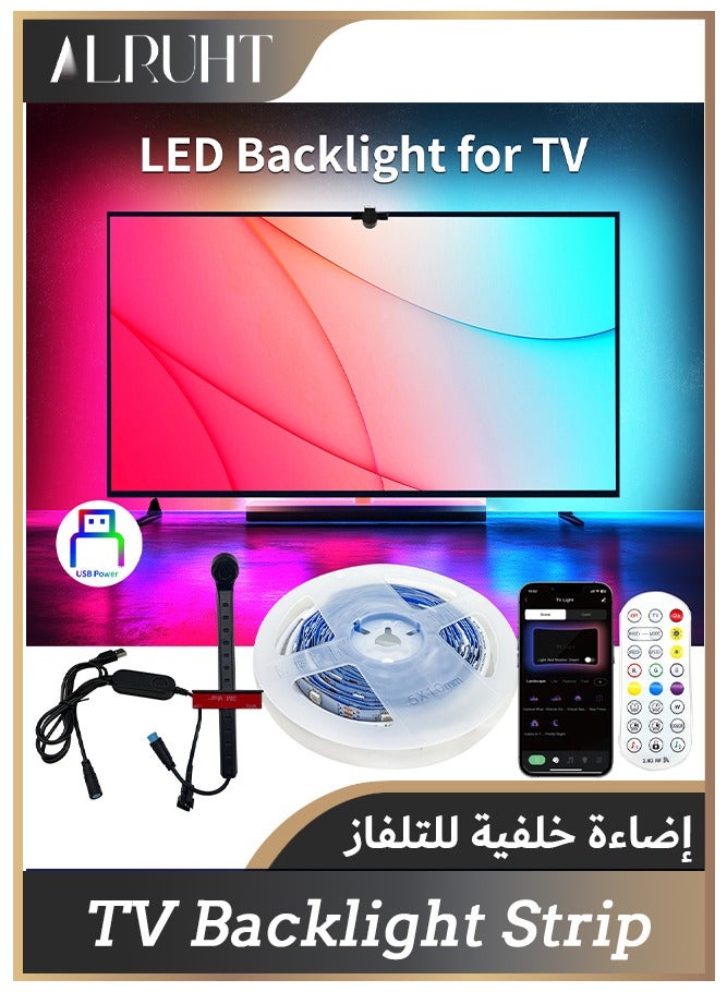 الروهيت شريط إضاءة خلفية للتلفاز ذكي، شريط إضاءة LED ملون إضاءة خلفية للتلفاز بمزامنة الموسيقى، أشرطة إضاءة LED تعمل بالطاقة عبر USB للتلفاز، تحكم عن بُعد وتطبيق، شريط إضاءة LED للتلفاز قابل للتعديل، إضاءة خلفية خلف التلفاز مقاومة للماء IP67 (5 متر) - Image 1