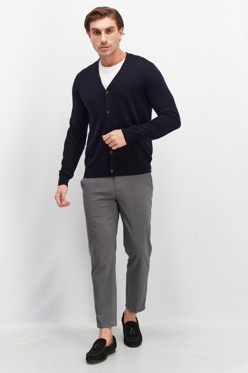 Celio Men V Neck Long Sleeve Plain Cardigan, Dark Navy  - Image 4
